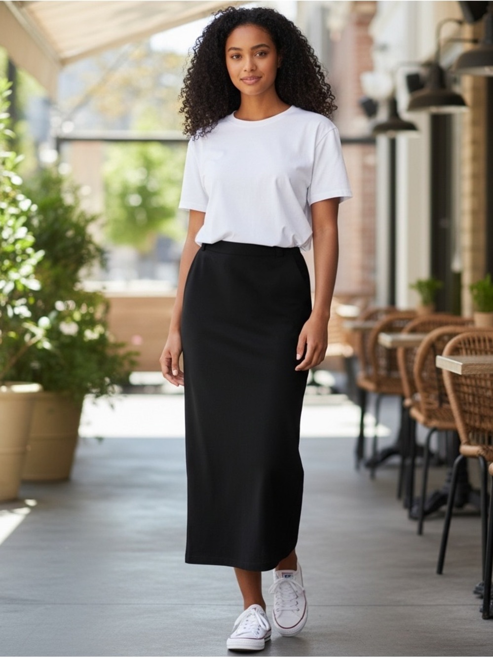 Commense Black Maxi Column Skirt NWT Size Large Minimalist Stretch Pull-On NWT